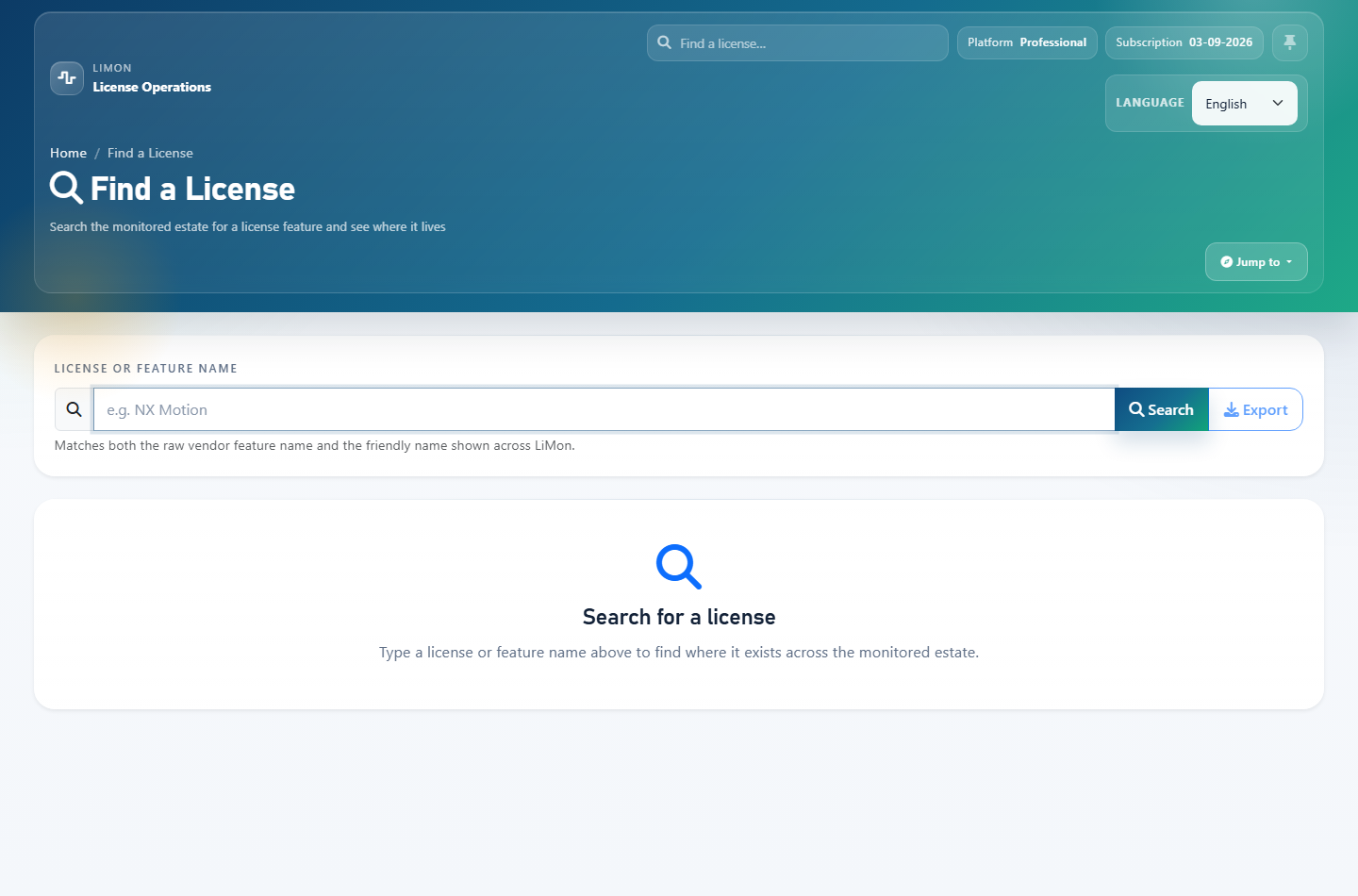 Find a License page for searching monitored license inventory