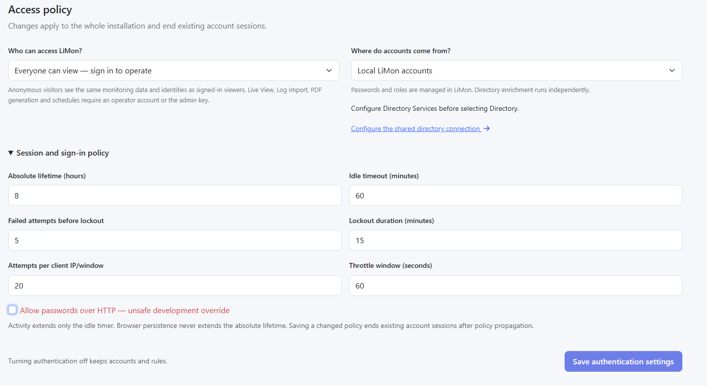 LiMon Access policy with anonymous viewing, local accounts, and expanded session lifetime, idle timeout, lockout, and sign-in throttle settings