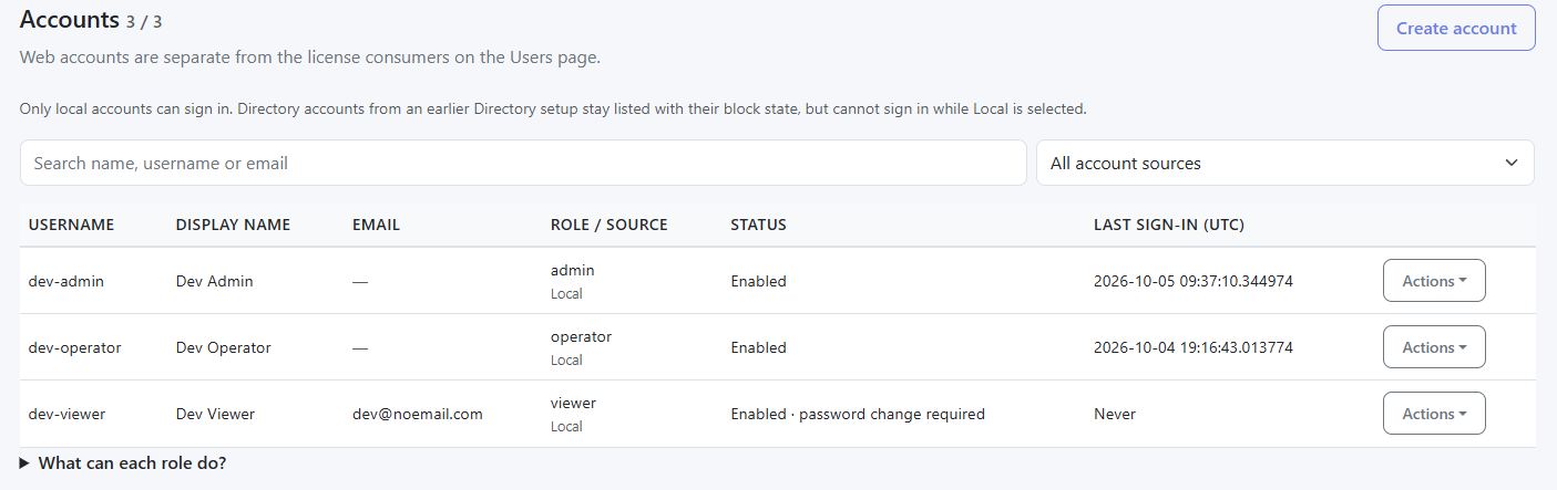 LiMon Accounts list with local Admin, Operator, and Viewer accounts, email, role and source, enabled and password-change status, last sign-in, and Create account and Actions controls