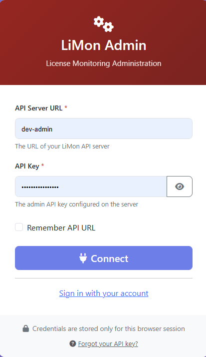 LiMon Admin login with API server URL and API key fields, Remember API URL, Connect, account sign-in, and API key recovery