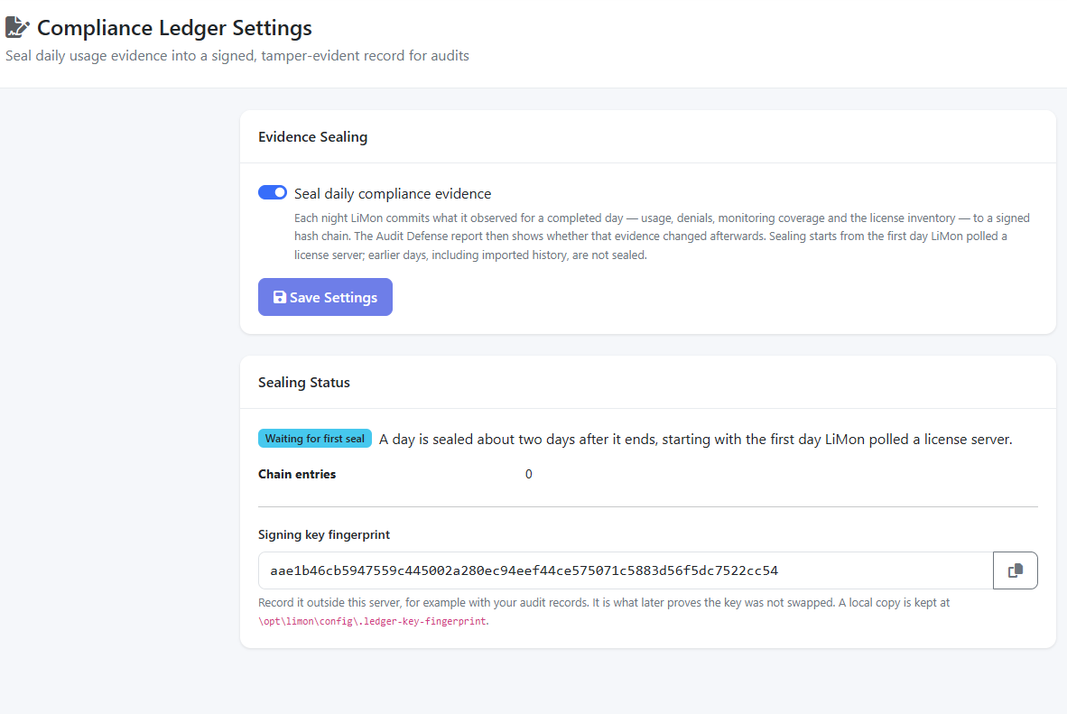 LiMon Compliance Ledger Settings with daily evidence sealing enabled, Waiting for first seal status, chain entry count, and a signing-key fingerprint with a copy button