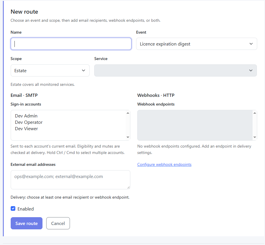 LiMon New route editor with name, license expiration digest event, estate scope, sign-in accounts, external email addresses, webhook endpoints, and enabled and save controls