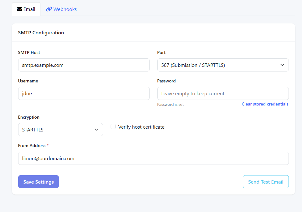 LiMon Email tab showing SMTP host, port, username, stored password status, encryption, certificate verification, sender address, and save and test controls