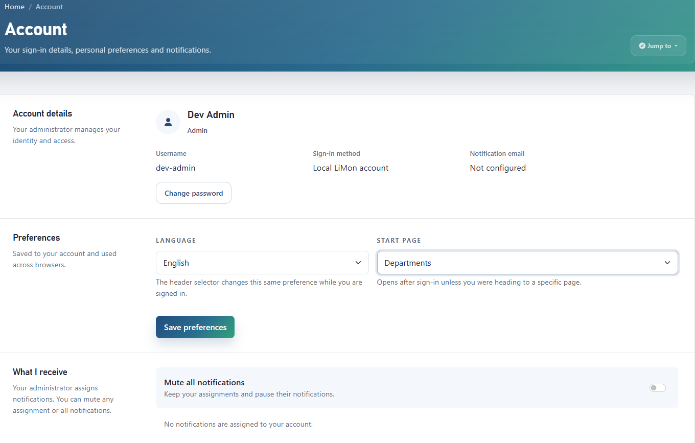 LiMon Account page showing identity, role, sign-in method, notification email, Change password, language and start-page preferences, and Mute all notifications