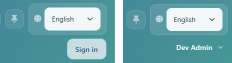 Cropped upper-right header controls: Sign in on the left and the signed-in Dev Admin menu on the right, both below the language selector