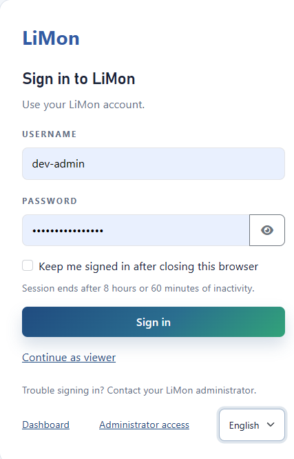 LiMon user sign-in form with username, password, browser persistence, session limits, Sign in, and Continue as viewer controls